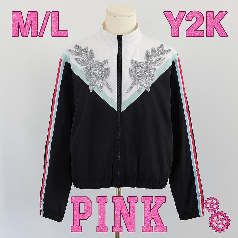 VS PINK Bling Windbreaker M/L Black White Zip Jacket Y2K Coquette Aesthetic